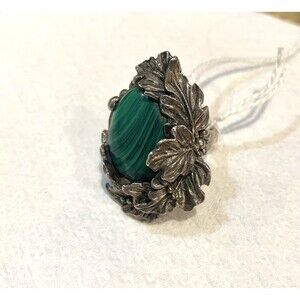 LARGE Malachite Silver Ring Framed with Leaves Size 9.25